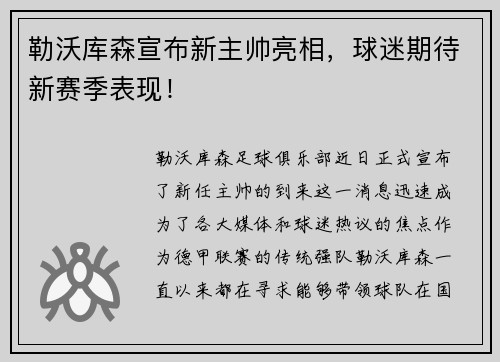 勒沃库森宣布新主帅亮相，球迷期待新赛季表现！
